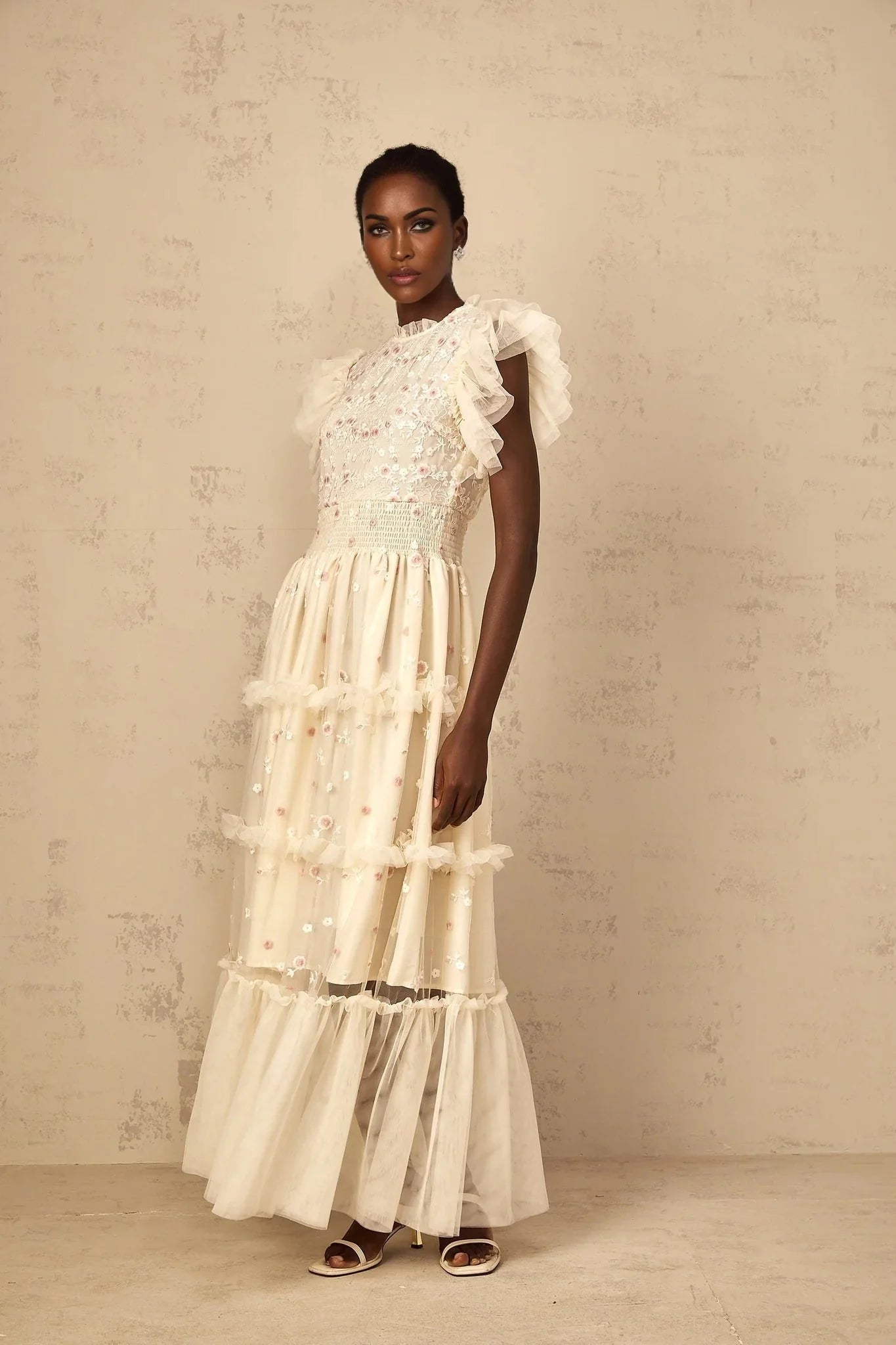 Ariella Maxi Dress White Floral Embroidered Tiered Tulle