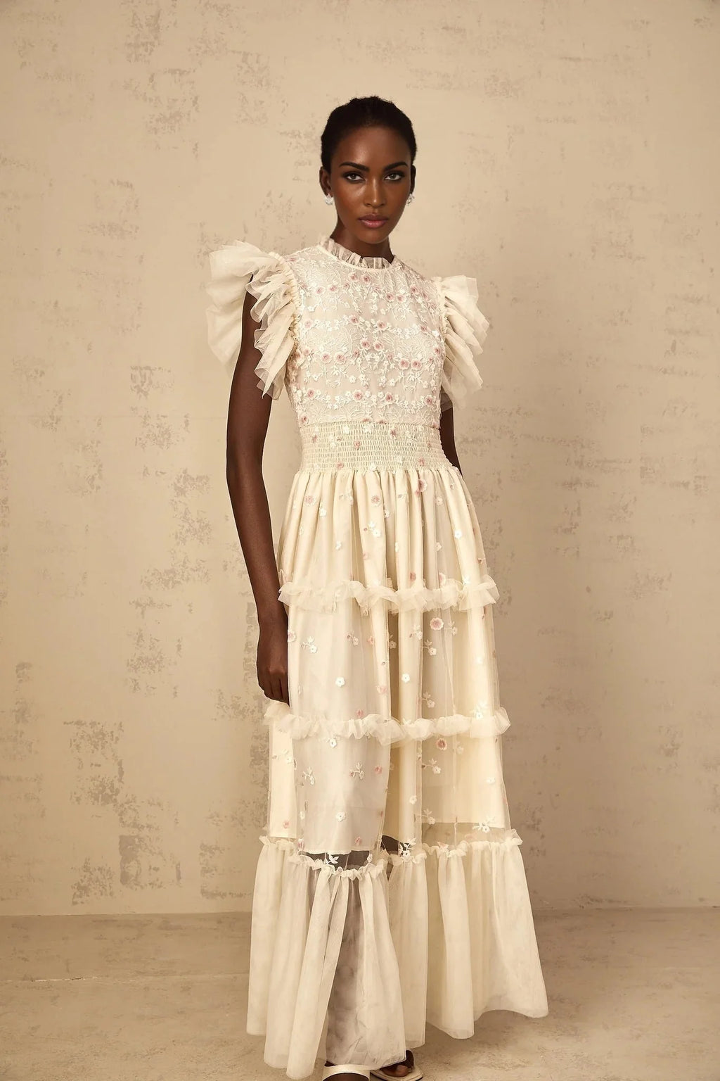 Ariella Maxi Dress White Floral Embroidered Tiered Tulle