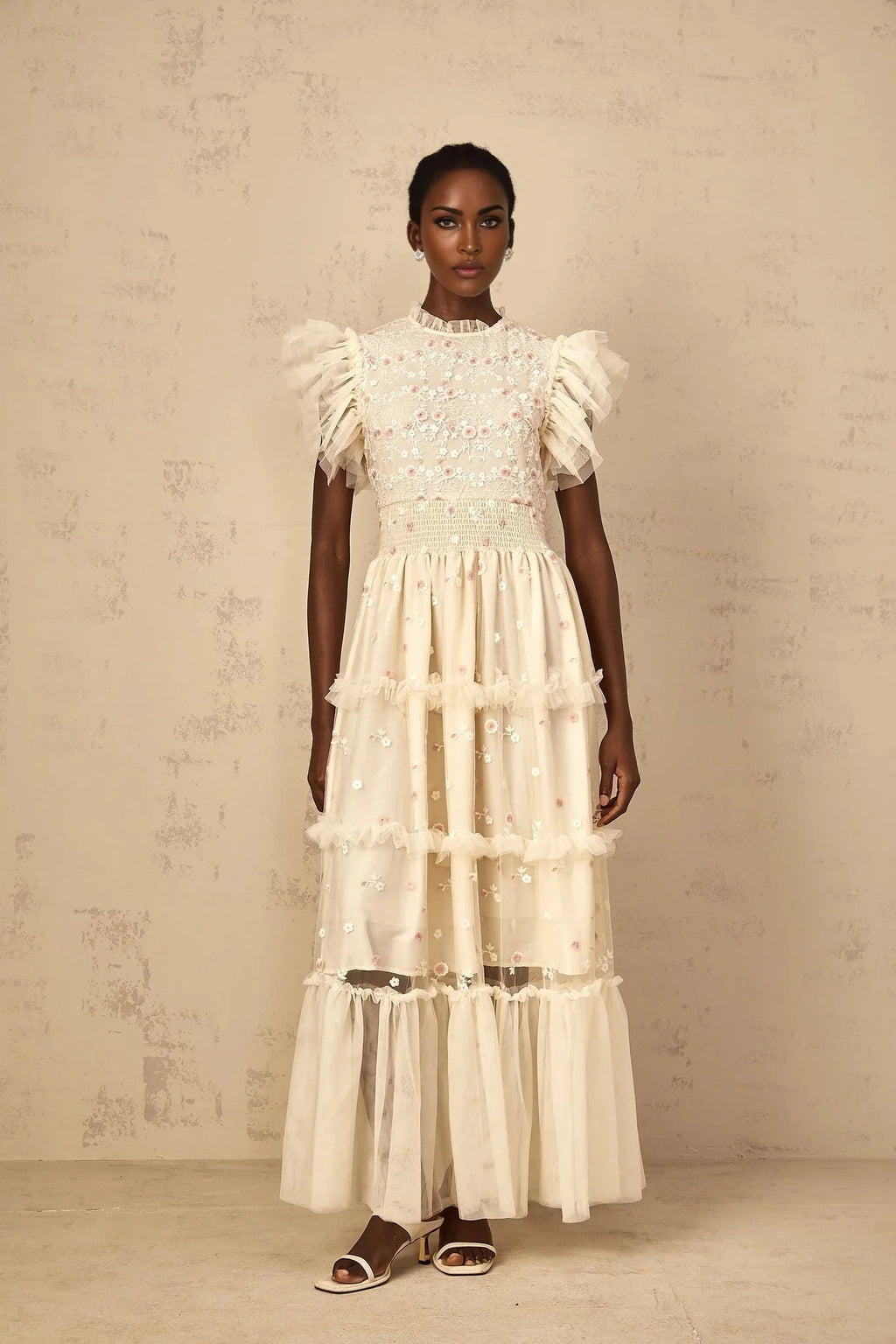 Ariella Maxi Dress White Floral Embroidered Tiered Tulle