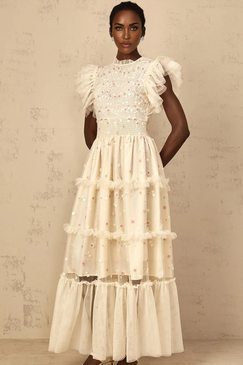 Ariella Maxi Dress White Floral Embroidered Tiered Tulle