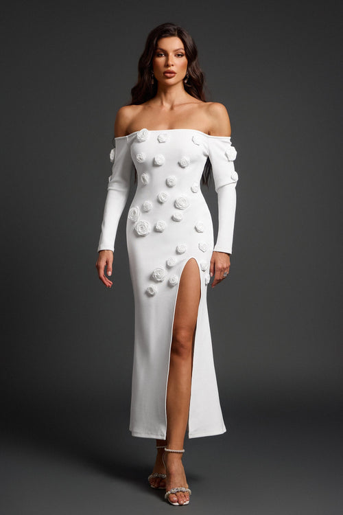 Ariella White Off-Shoulder Floral Appliqué Maxi Dress with Slit