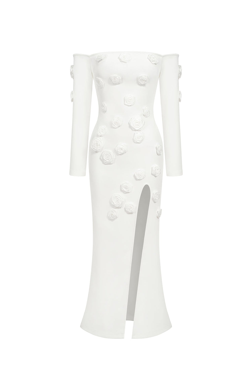 Ariella White Off-Shoulder Maxi Dress with Floral Appliqués and Slit