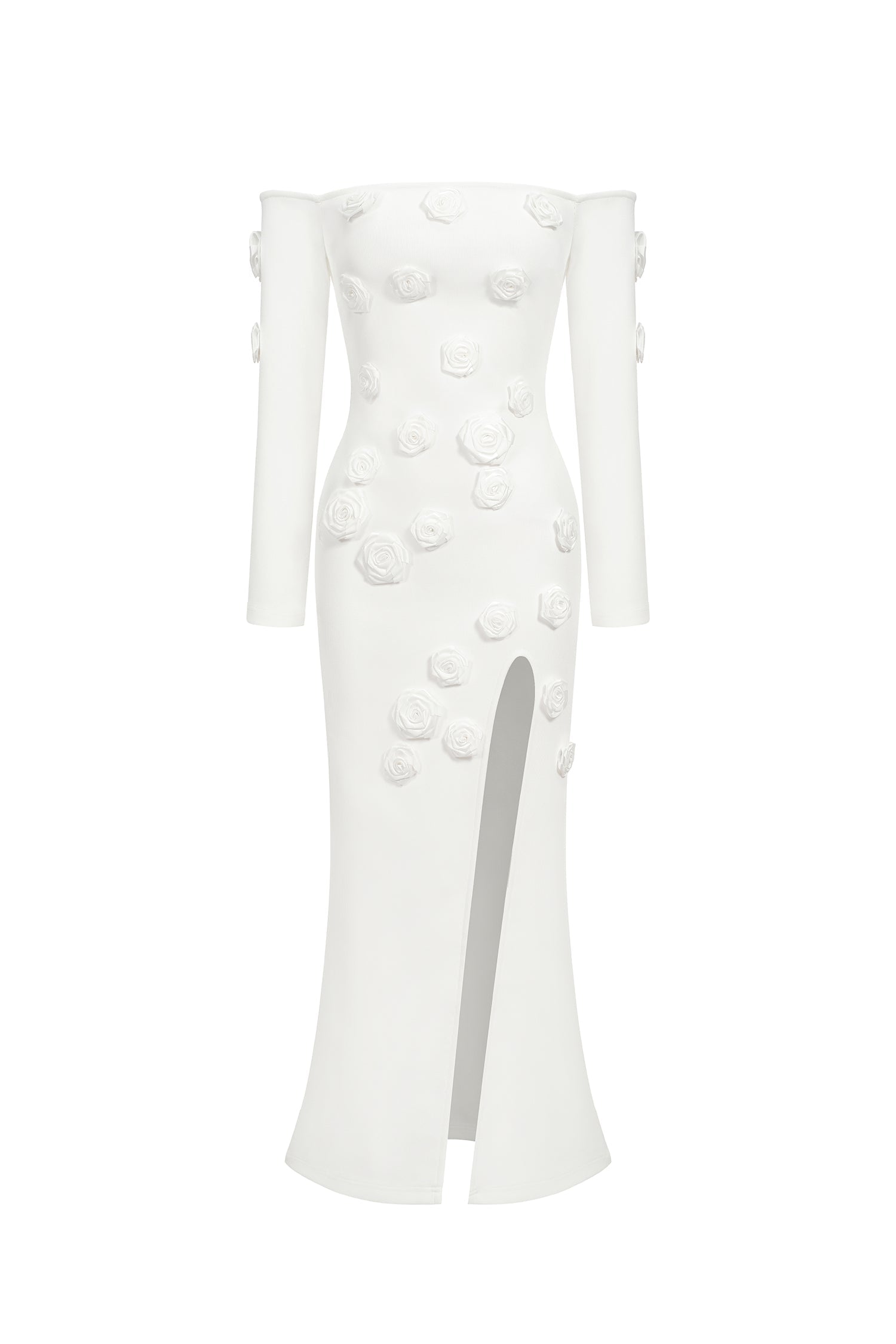 Ariella White Off-Shoulder Maxi Dress with Floral Appliqués and Slit