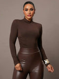 Armanda Bodysuit - Slim Fit - Casual Style - High Stretch Fabric Elasticity - Long Sleeve Length - Asymmetrical, Ruched - Stand Collar Neckline