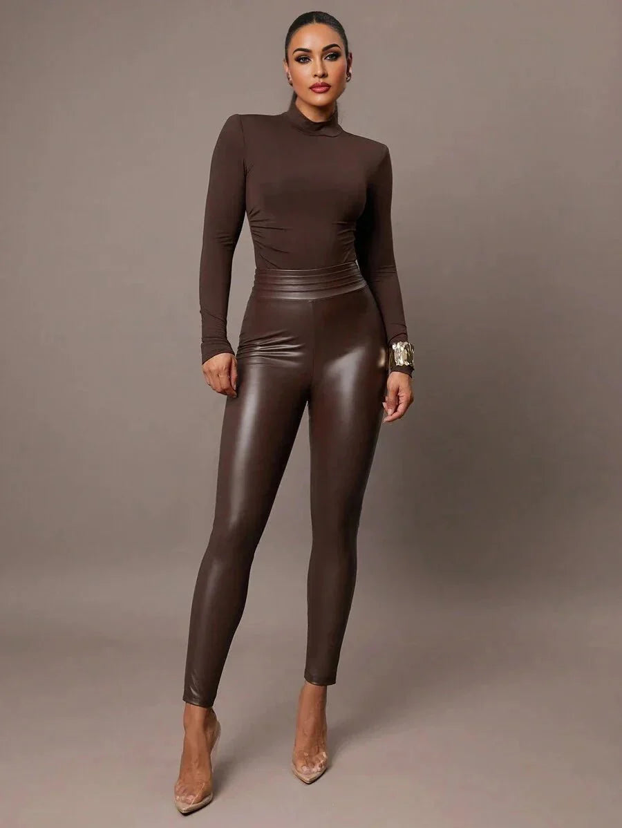 Armanda Bodysuit - Slim Fit - Casual Style - High Stretch Fabric Elasticity - Long Sleeve Length - Asymmetrical, Ruched - Stand Collar Neckline