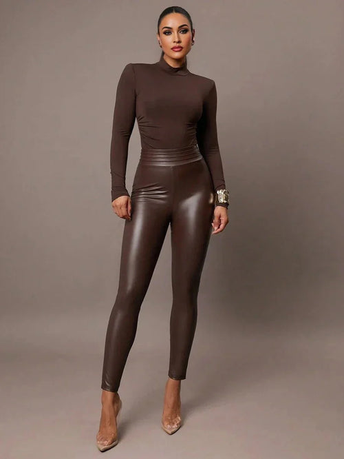 Armanda Bodysuit - Slim Fit - Casual Style - High Stretch Fabric Elasticity - Long Sleeve Length - Asymmetrical, Ruched - Stand Collar Neckline