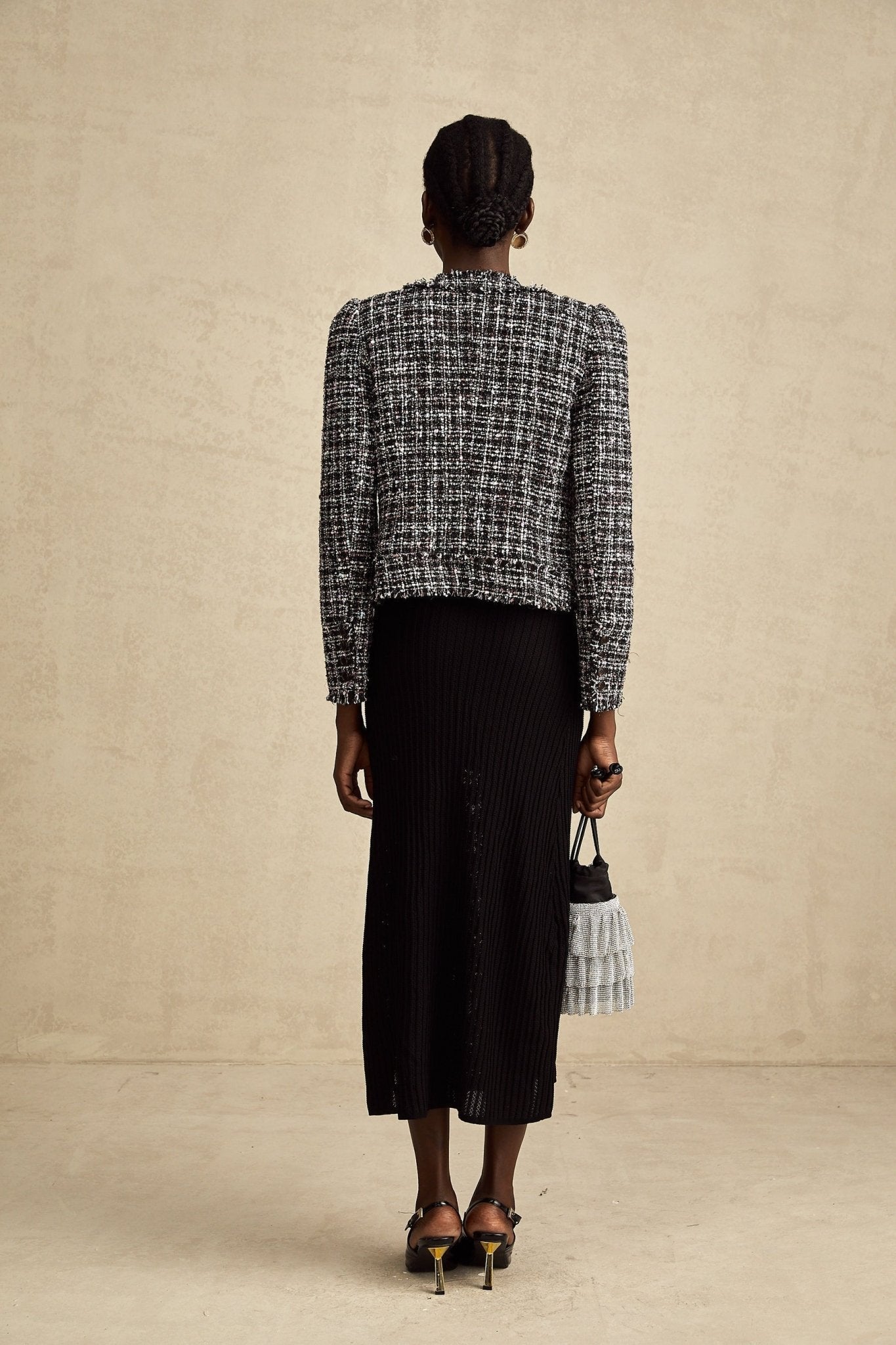 Armanda Jacket - Tweed Boucl Check Pattern - Rhinestone Embellishments - Cropped Style - Press - Stud Fastening