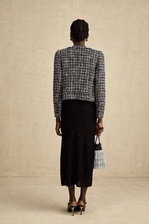 Armanda Jacket - Tweed Boucl Check Pattern - Rhinestone Embellishments - Cropped Style - Press - Stud Fastening