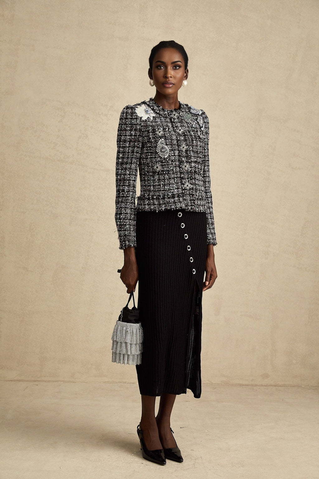Armanda Jacket - Tweed Boucl Check Pattern - Rhinestone Embellishments - Cropped Style - Press - Stud Fastening