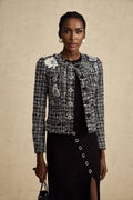 Armanda Jacket - Tweed Boucl Check Pattern - Rhinestone Embellishments - Cropped Style - Press - Stud Fastening