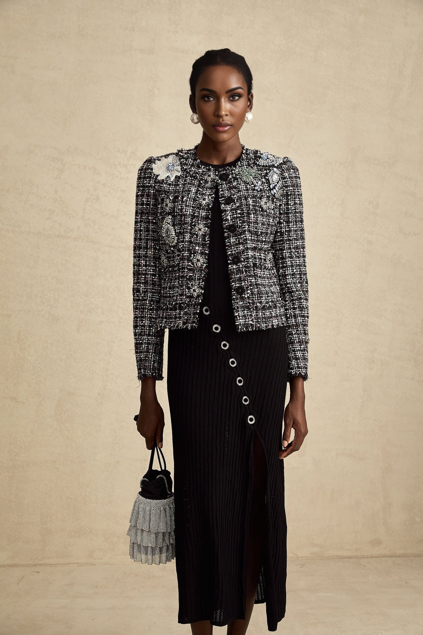 Armanda Jacket - Tweed Boucl Check Pattern - Rhinestone Embellishments - Cropped Style - Press - Stud Fastening