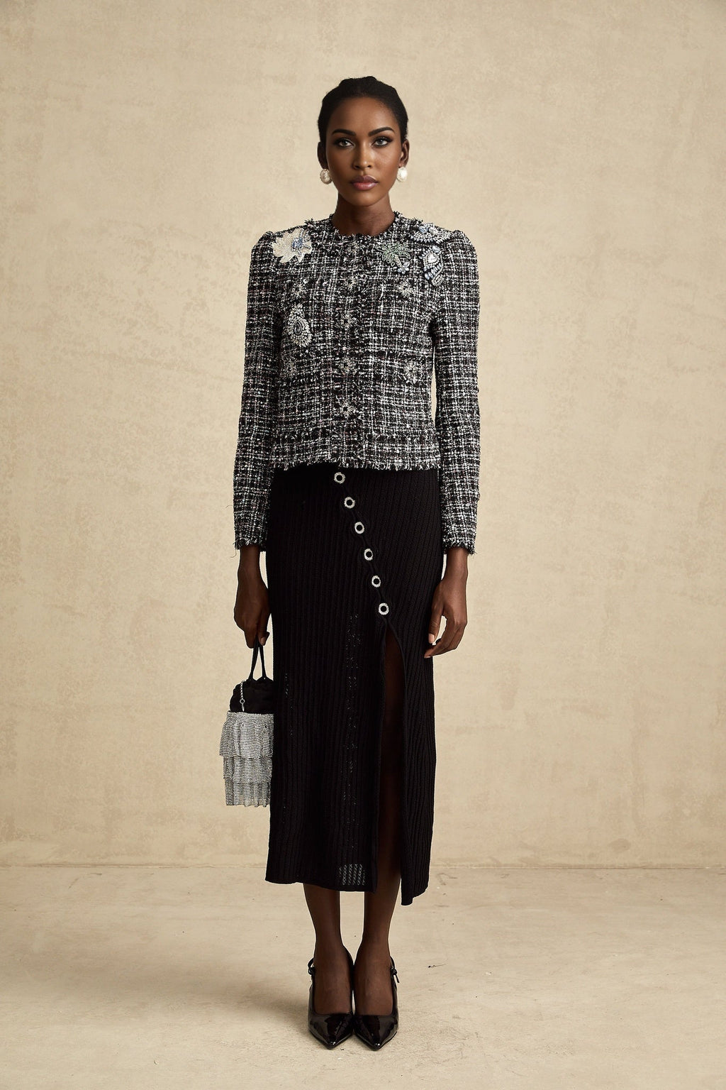 Armanda Jacket - Tweed Boucl Check Pattern - Rhinestone Embellishments - Cropped Style - Press - Stud Fastening