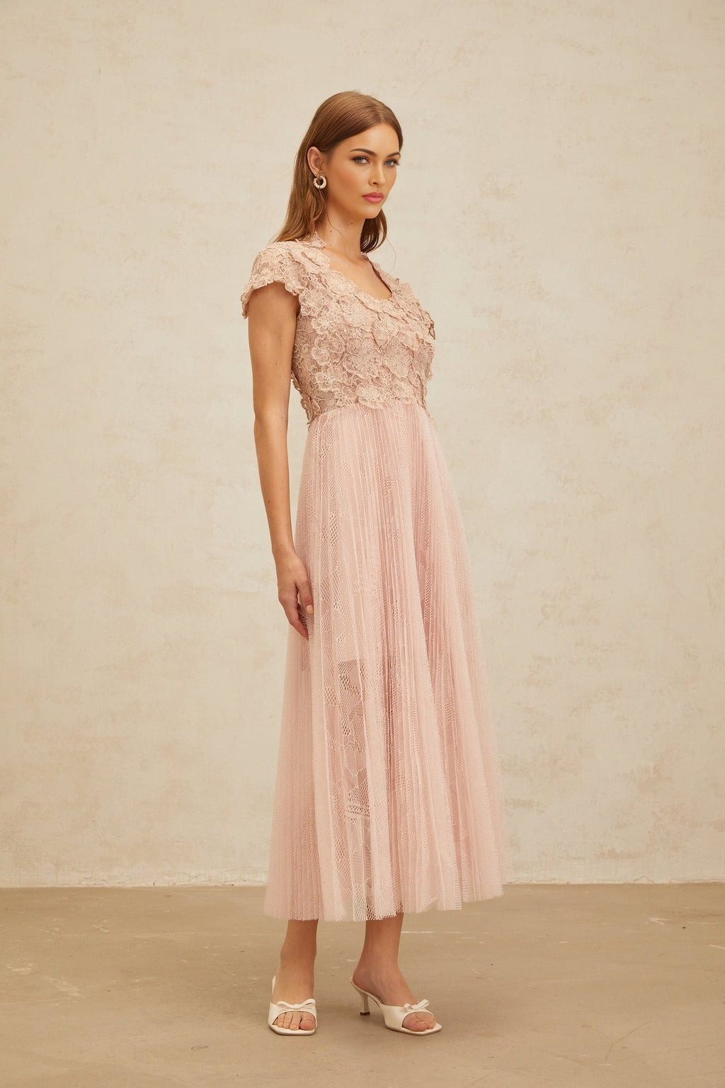 Armanda Midi Dress - Cap Sleeves - Cinched Waist - Panelled Design - Floral Embroidery - Metallic Threading