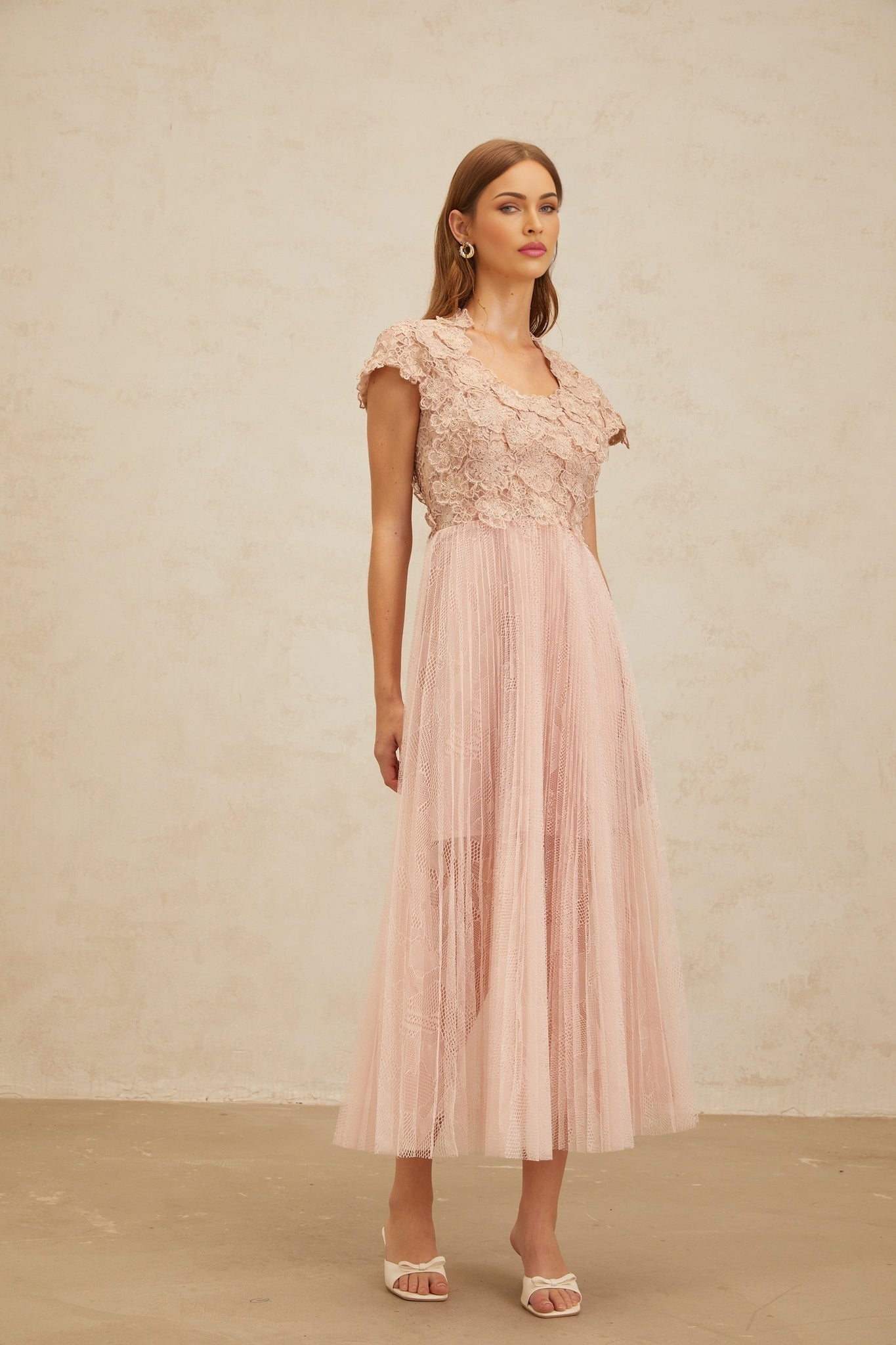Armanda Midi Dress - Cap Sleeves - Cinched Waist - Panelled Design - Floral Embroidery - Metallic Threading