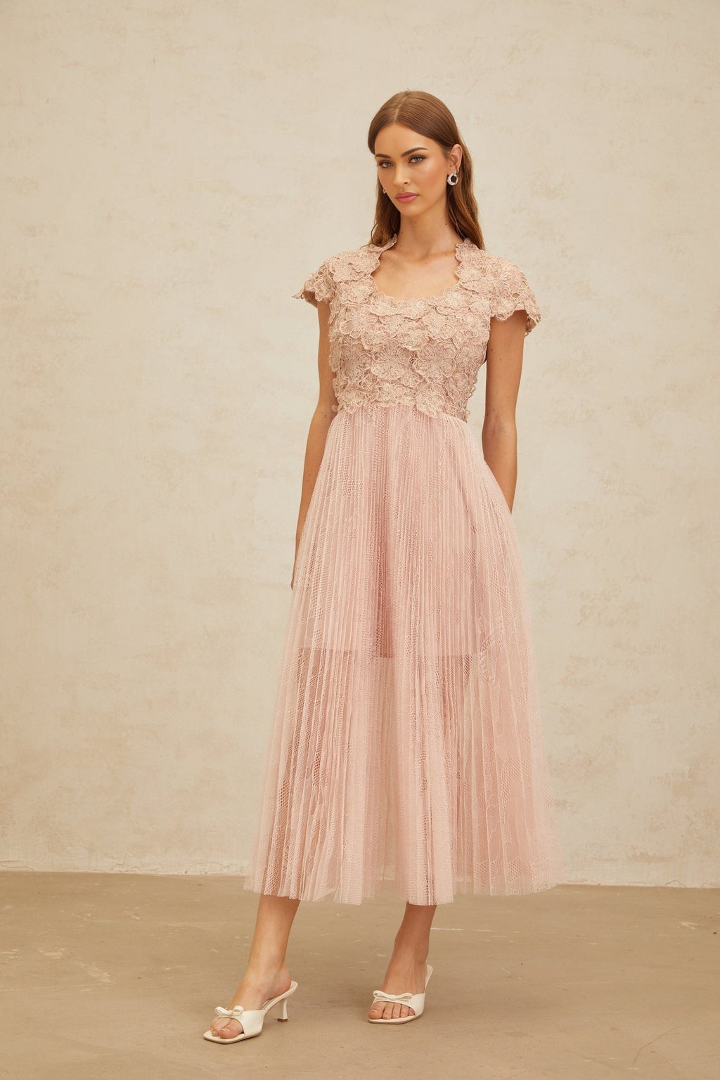 Armanda Midi Dress - Cap Sleeves - Cinched Waist - Panelled Design - Floral Embroidery - Metallic Threading