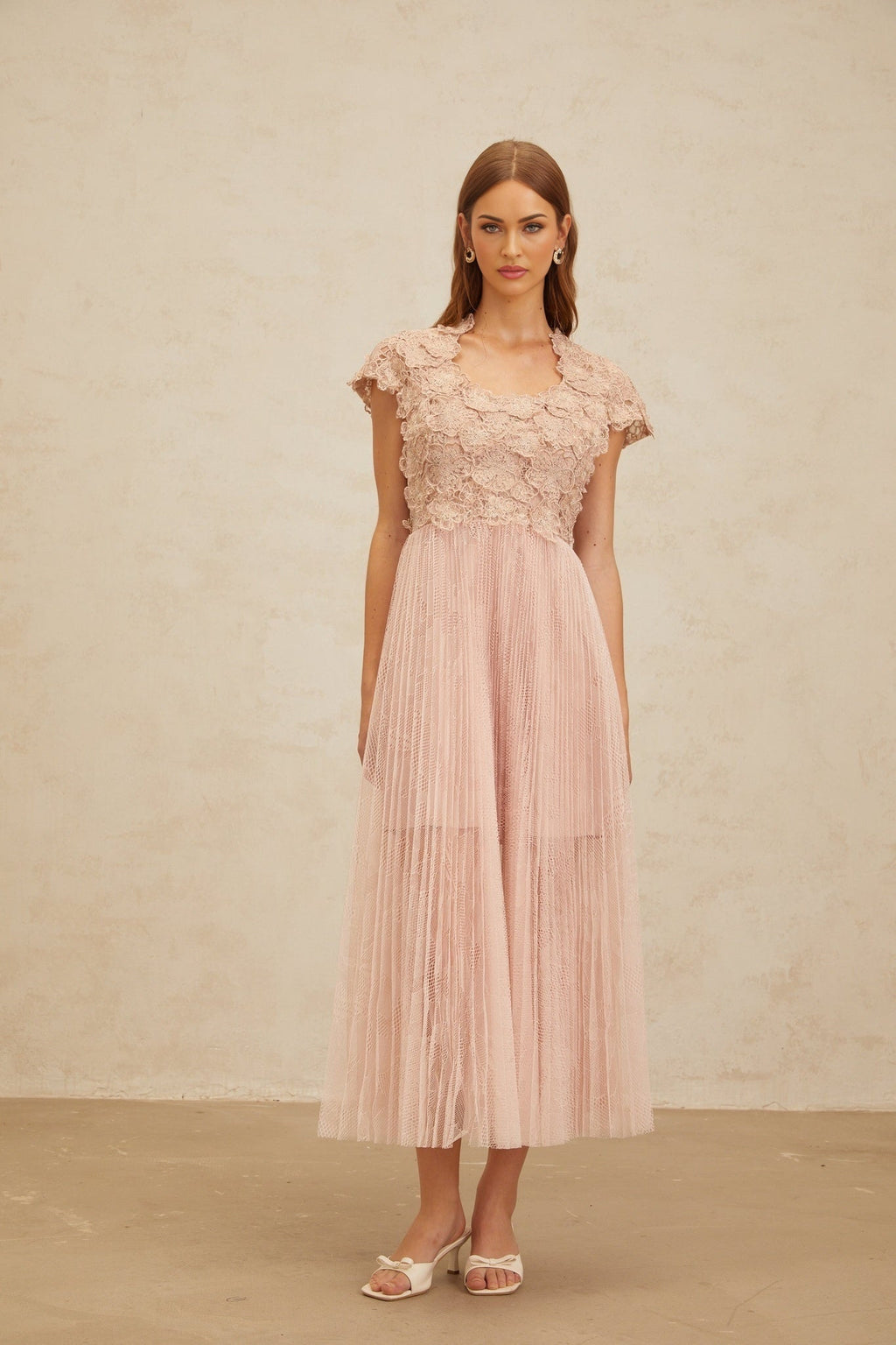 Armanda Midi Dress - Cap Sleeves - Cinched Waist - Panelled Design - Floral Embroidery - Metallic Threading