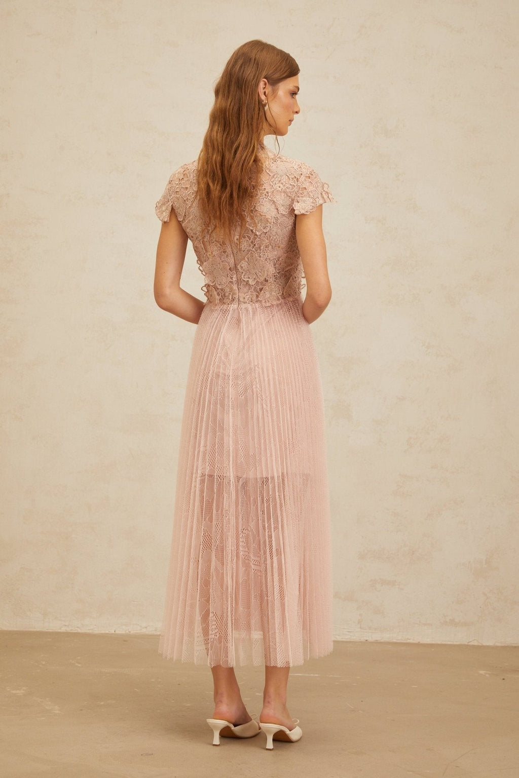 Armanda Midi Dress - Cap Sleeves - Cinched Waist - Panelled Design - Floral Embroidery - Metallic Threading