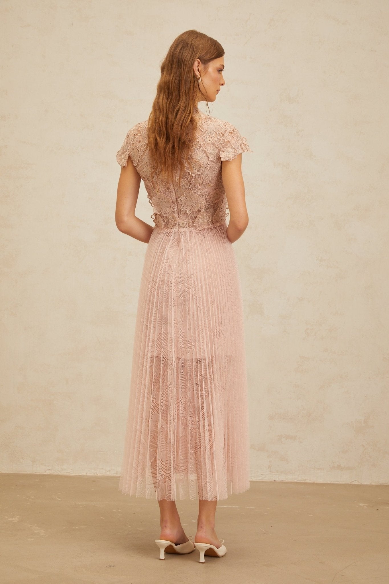 Armanda Midi Dress - Cap Sleeves - Cinched Waist - Panelled Design - Floral Embroidery - Metallic Threading
