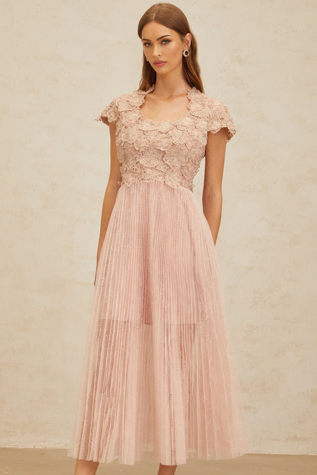 Armanda Midi Dress - Cap Sleeves - Cinched Waist - Panelled Design - Floral Embroidery - Metallic Threading