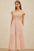 Armanda Midi Dress - Cap Sleeves - Cinched Waist - Panelled Design - Floral Embroidery - Metallic Threading