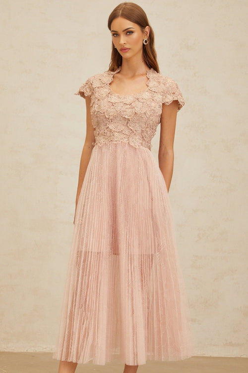 Armanda Midi Dress - Cap Sleeves - Cinched Waist - Panelled Design - Floral Embroidery - Metallic Threading