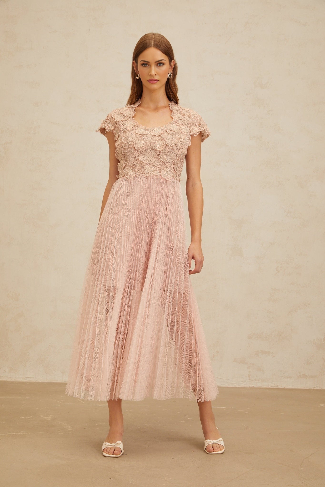 Armanda Midi Dress - Cap Sleeves - Cinched Waist - Panelled Design - Floral Embroidery - Metallic Threading