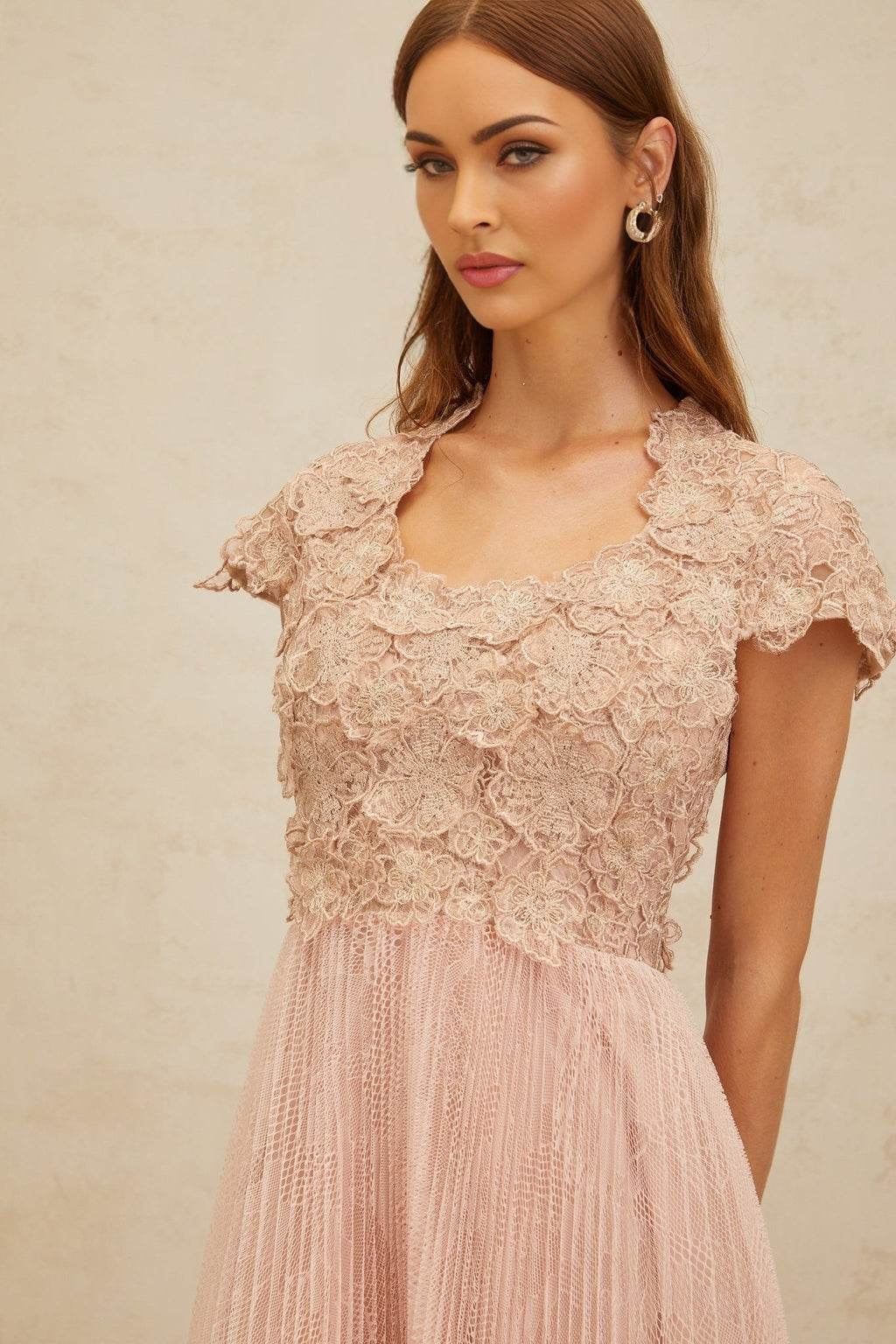Armanda Midi Dress - Cap Sleeves - Cinched Waist - Panelled Design - Floral Embroidery - Metallic Threading