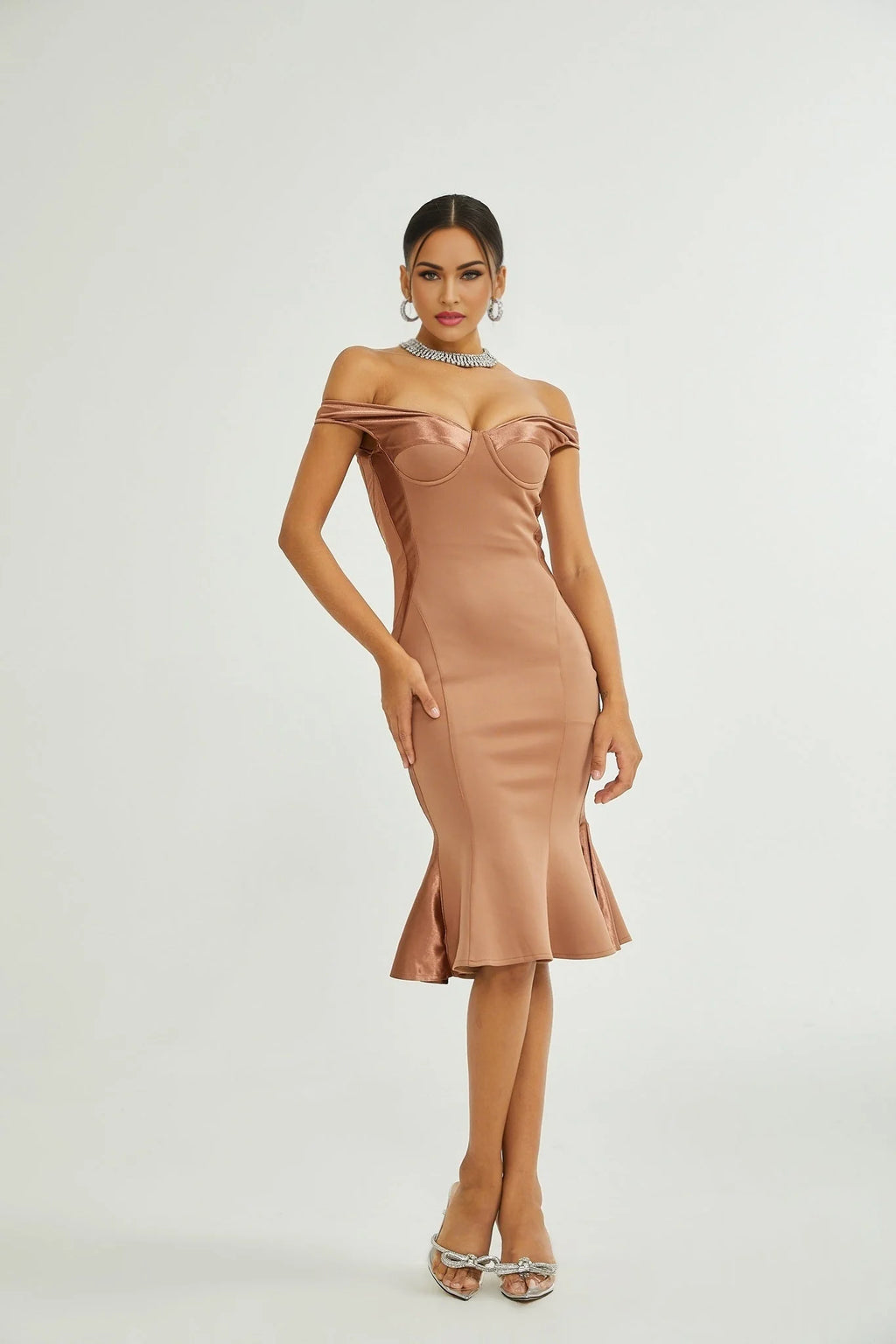 Armanda Off the Shoulder - Bustier Style - Waist Tightened - Satin Finish - Flared Hem - Midi Dress