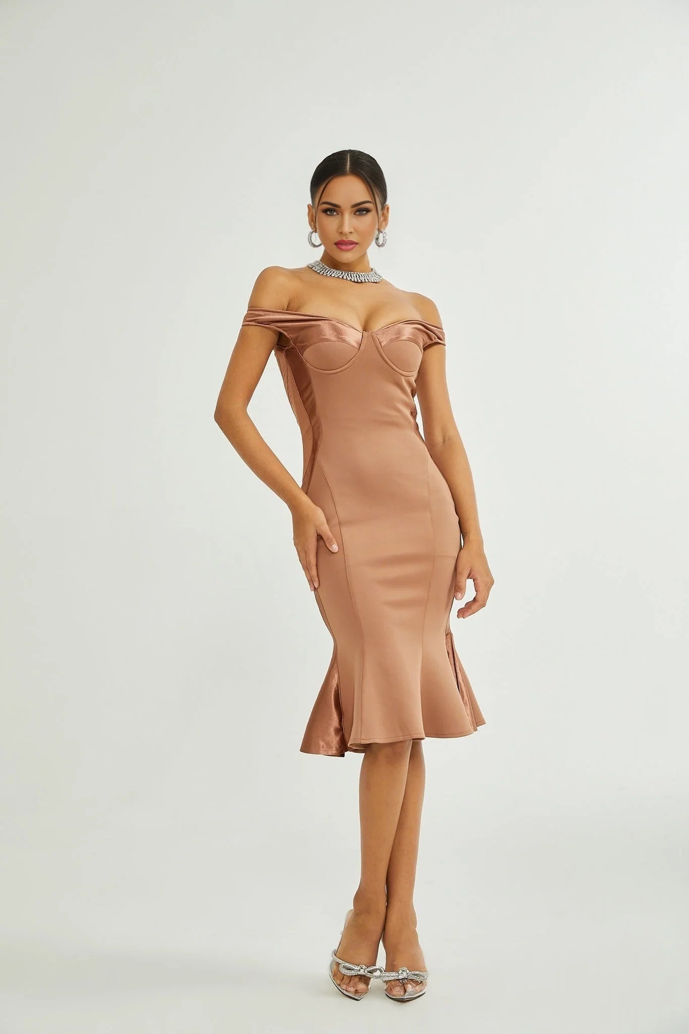 Armanda Off the Shoulder - Bustier Style - Waist Tightened - Satin Finish - Flared Hem - Midi Dress