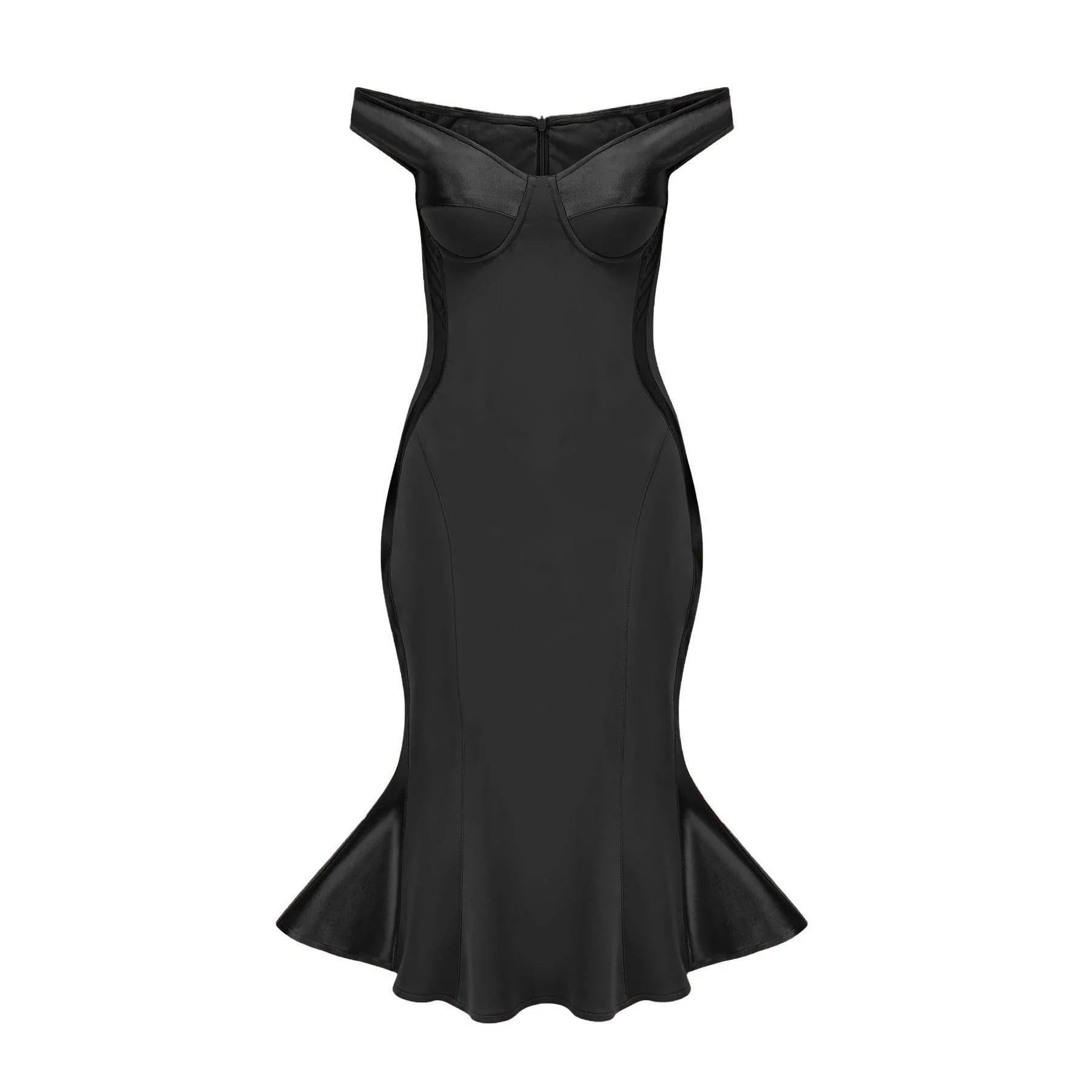 Armanda Off the Shoulder - Bustier Style - Waist Tightened - Satin Finish - Flared Hem - Midi Dress