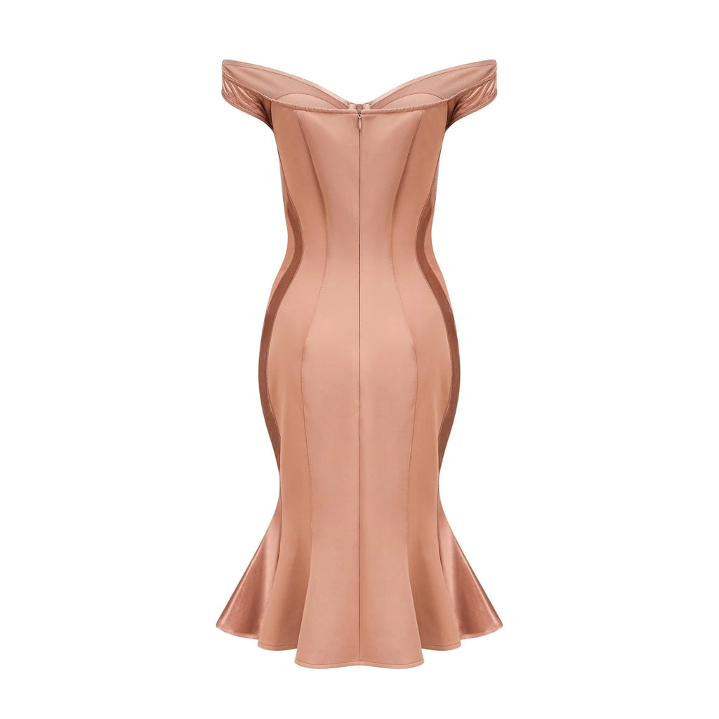 Armanda Off the Shoulder - Bustier Style - Waist Tightened - Satin Finish - Flared Hem - Midi Dress