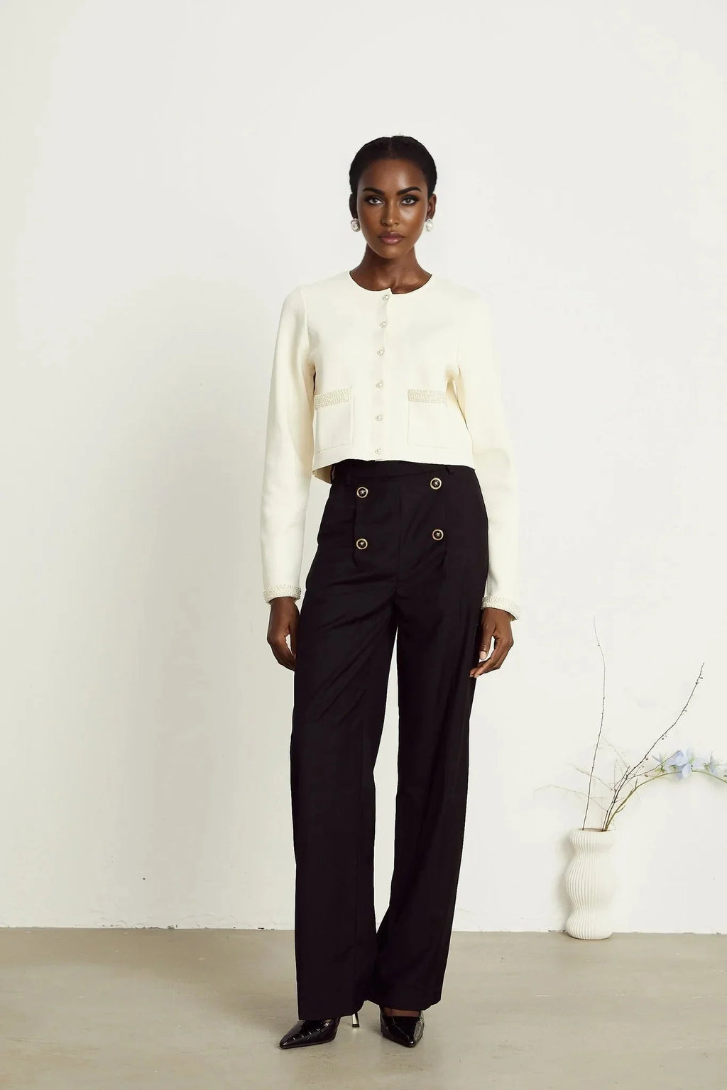 Artemide Cardigan - Faux - Pearl Embellishment - Front Button Fastening - Patch Pockets - Cropped