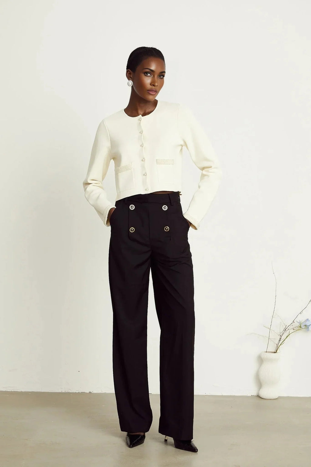 Artemide Cardigan - Faux - Pearl Embellishment - Front Button Fastening - Patch Pockets - Cropped