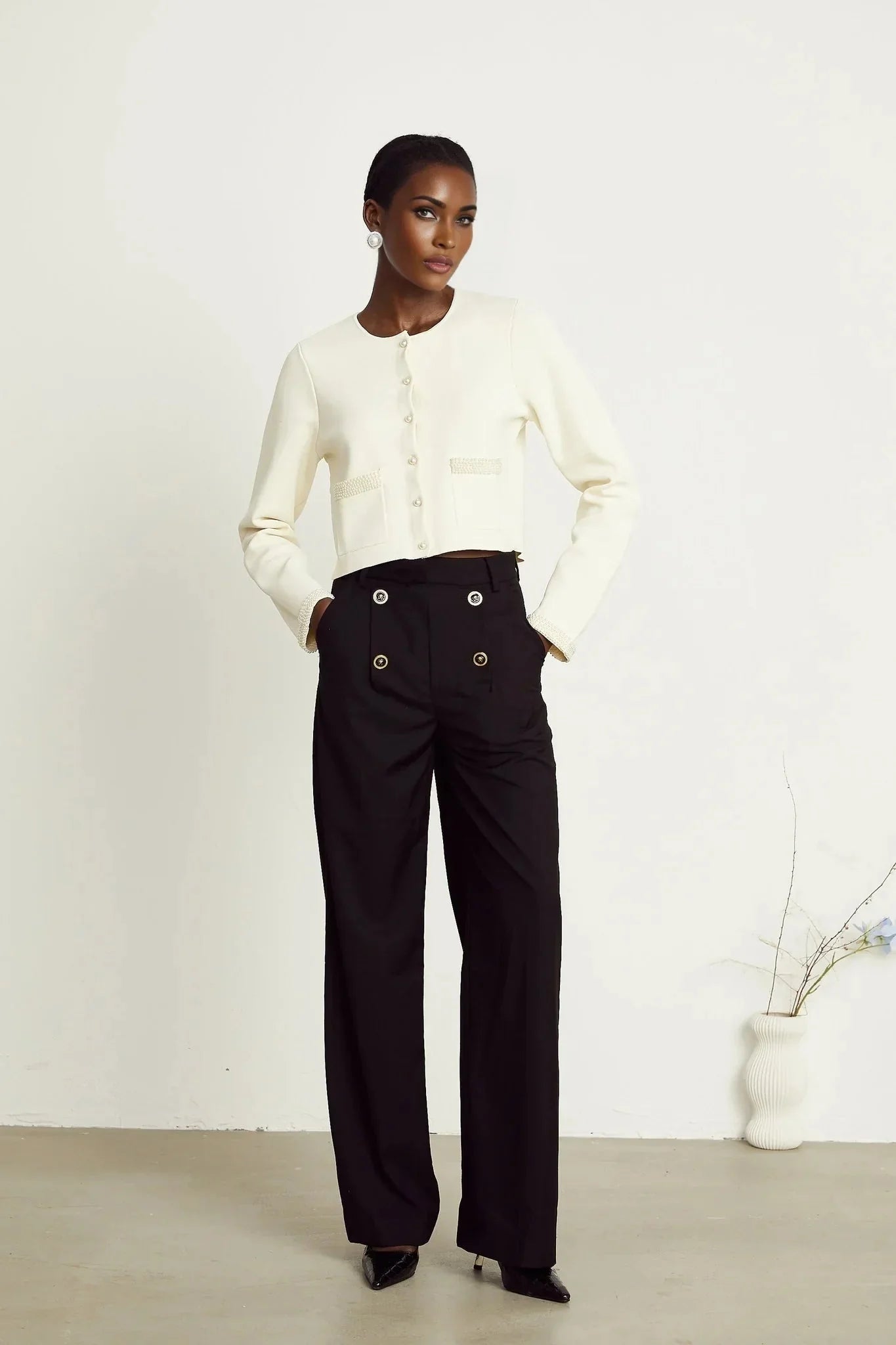 Artemide Cardigan - Faux - Pearl Embellishment - Front Button Fastening - Patch Pockets - Cropped