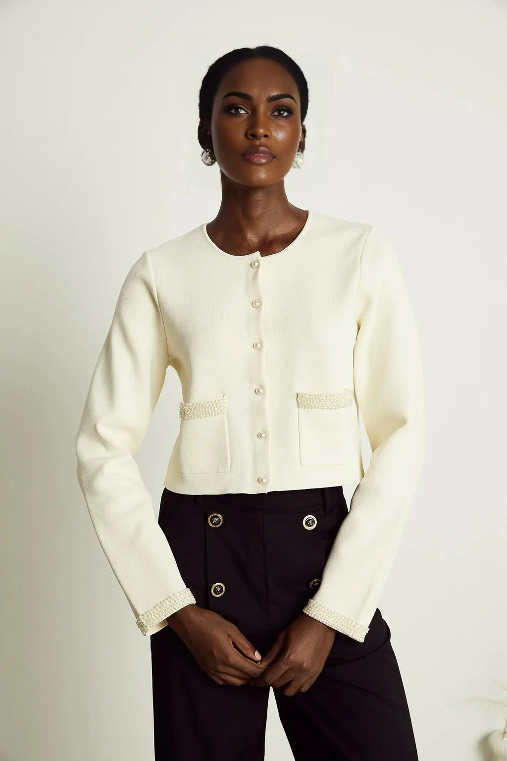 Artemide Cardigan - Faux - Pearl Embellishment - Front Button Fastening - Patch Pockets - Cropped