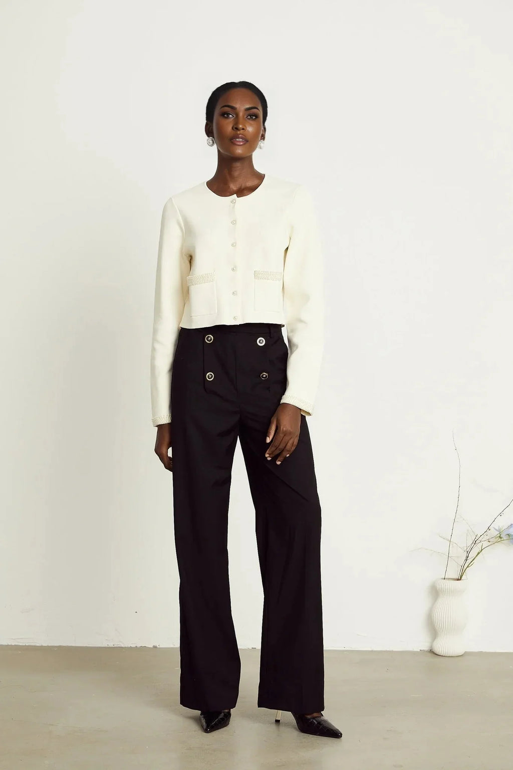 Artemide Cardigan - Faux - Pearl Embellishment - Front Button Fastening - Patch Pockets - Cropped