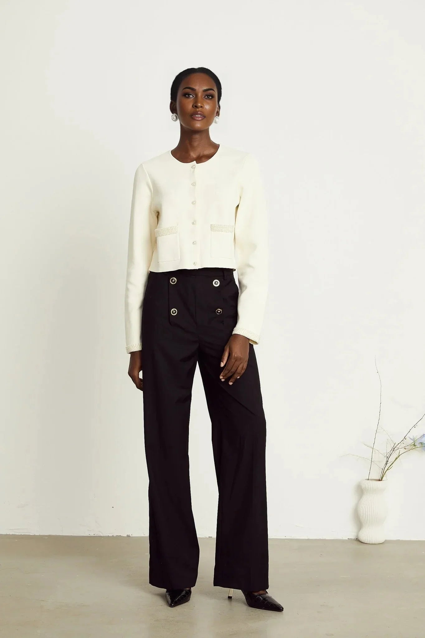 Artemide Cardigan - Faux - Pearl Embellishment - Front Button Fastening - Patch Pockets - Cropped