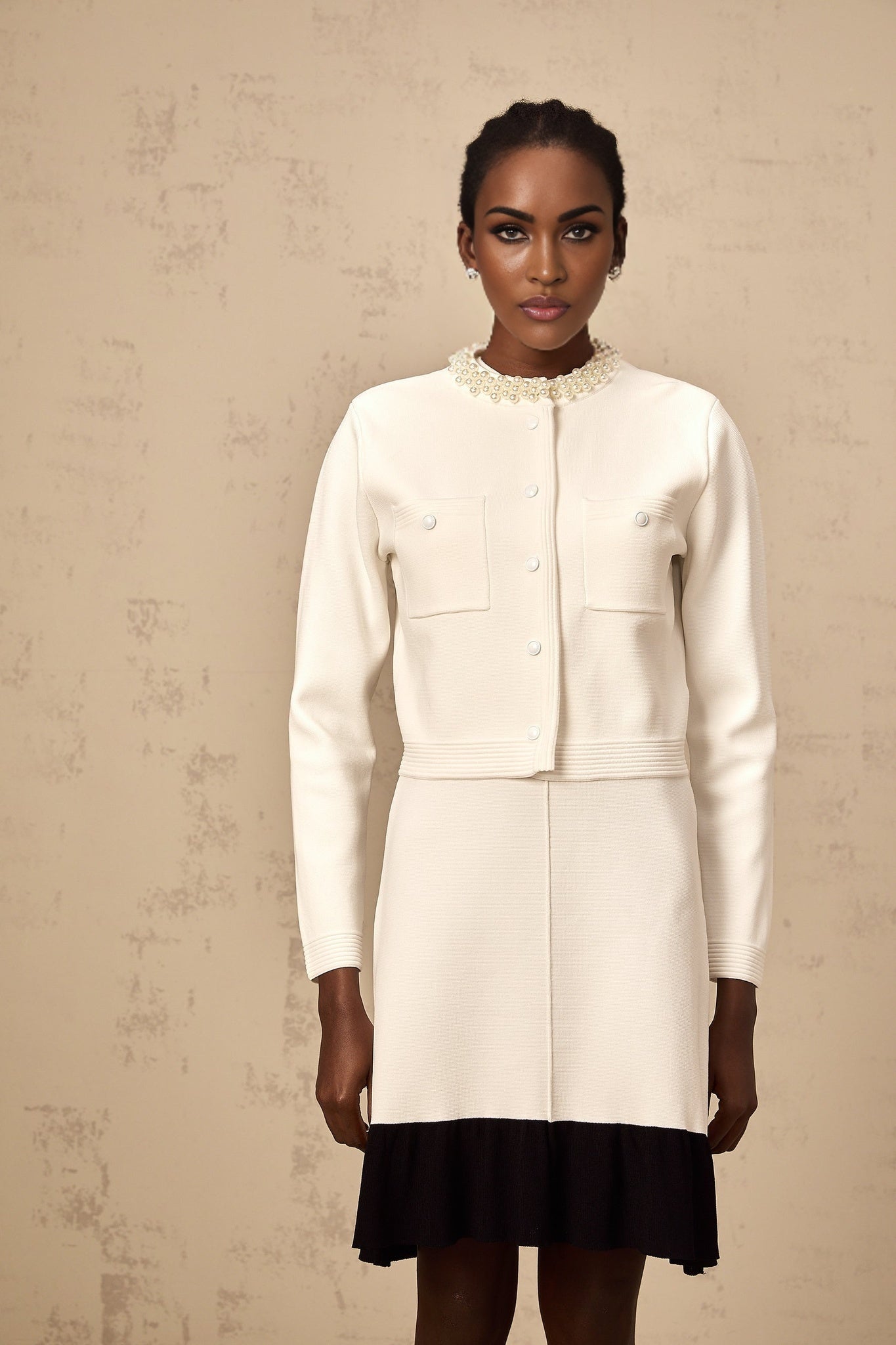 Artemide Cardigan - Round Neck - Long Sleeves - Knitted Construction - Faux - Pearl Embellishment - Button Fastening