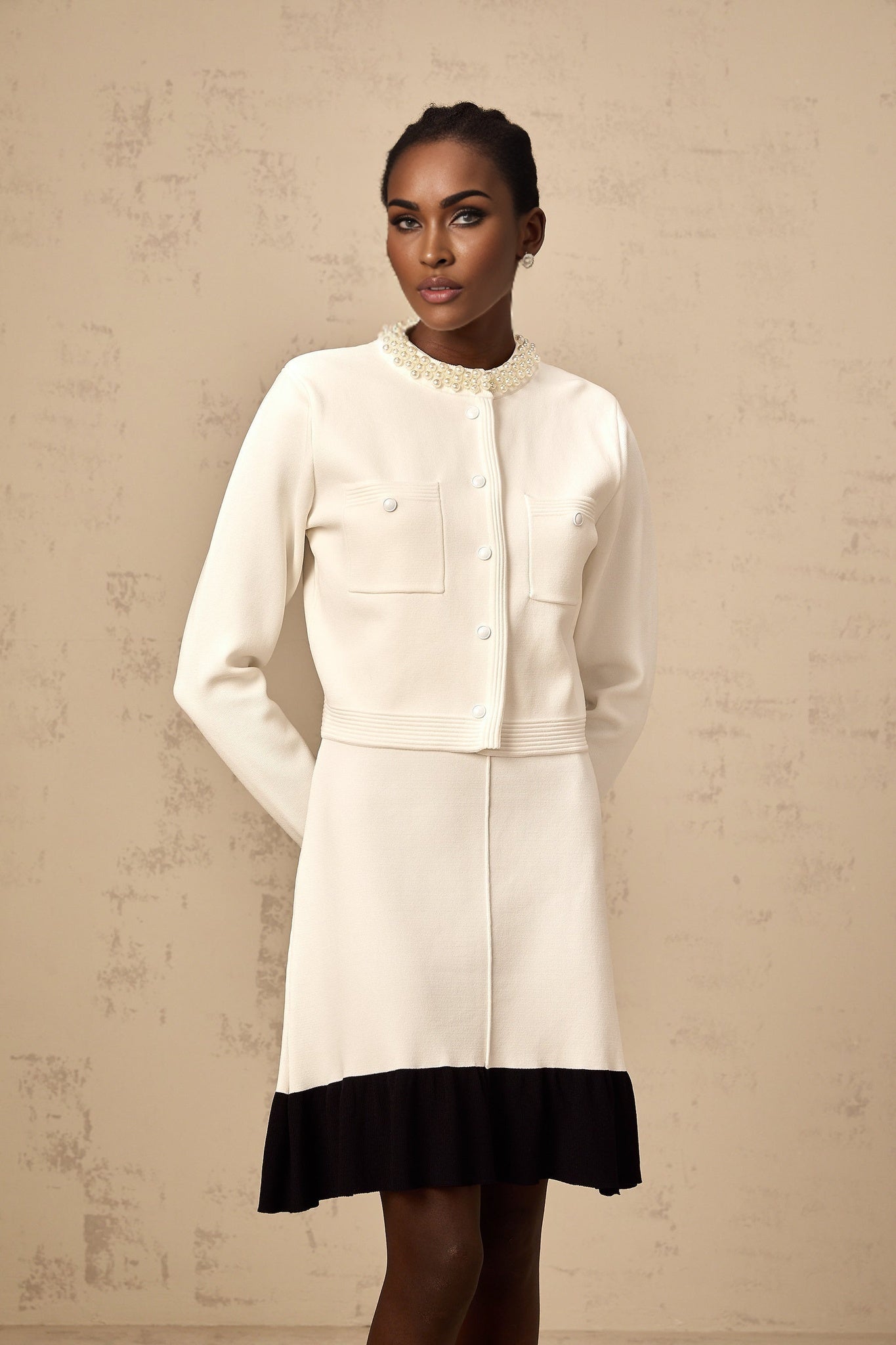 Artemide Cardigan - Round Neck - Long Sleeves - Knitted Construction - Faux - Pearl Embellishment - Button Fastening