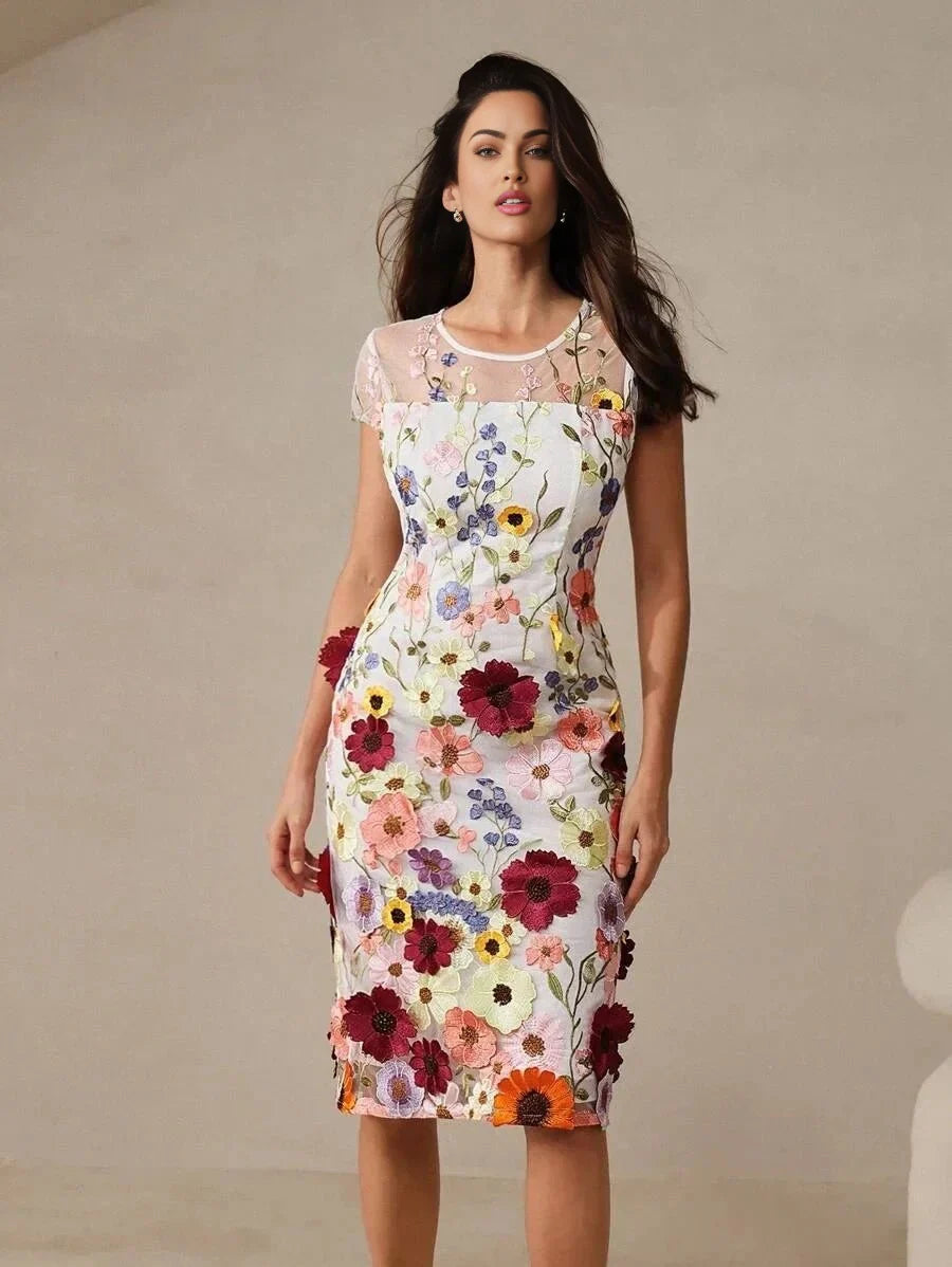 Artemide Elegant Midi Dress - Round Neck - Cap Sleeve - High Waist - Floral Print - Ruffle Hem