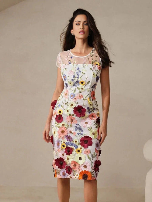 Artemide Elegant Midi Dress - Round Neck - Cap Sleeve - High Waist - Floral Print - Ruffle Hem