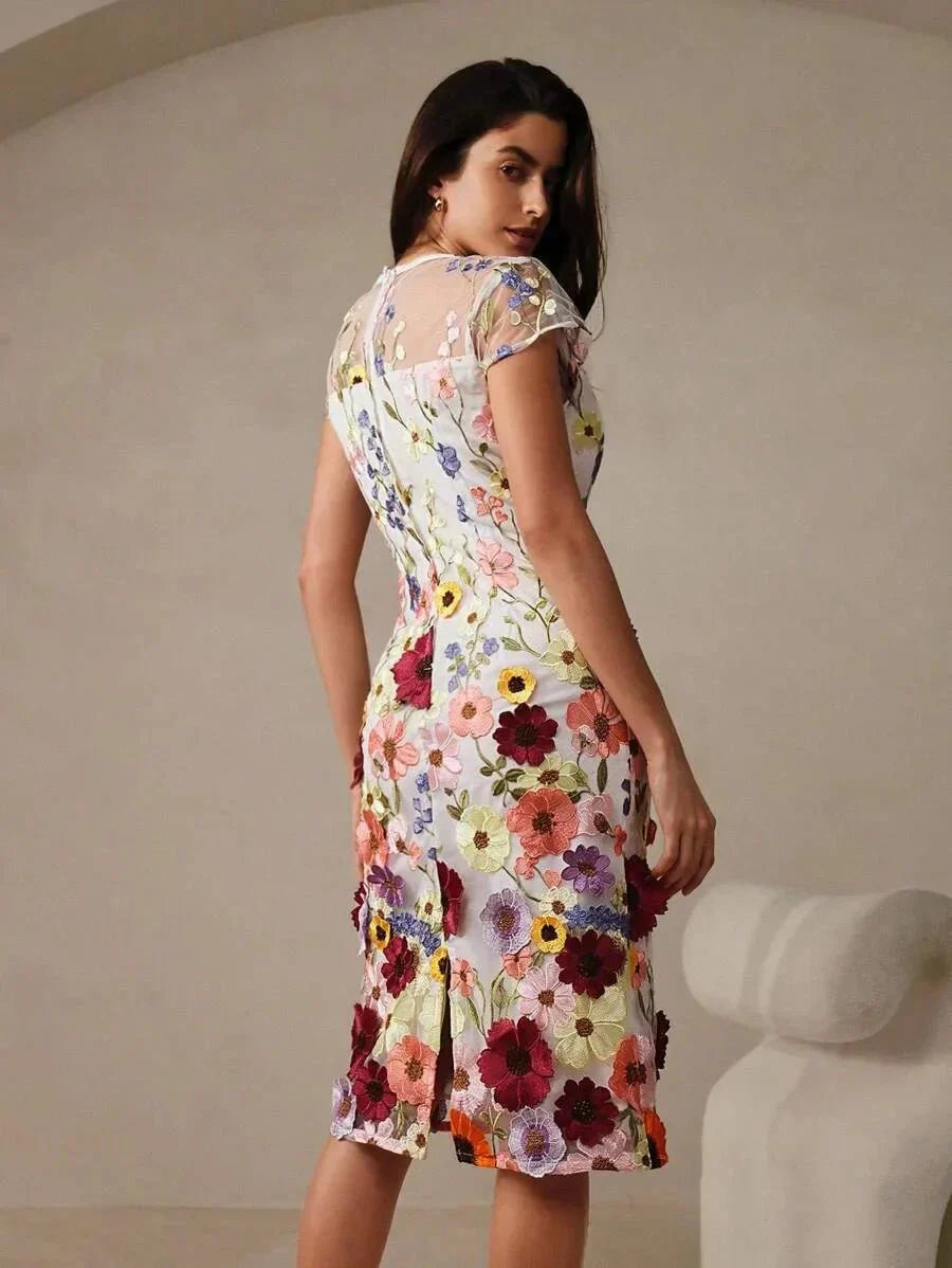 Artemide Elegant Midi Dress - Round Neck - Cap Sleeve - High Waist - Floral Print - Ruffle Hem