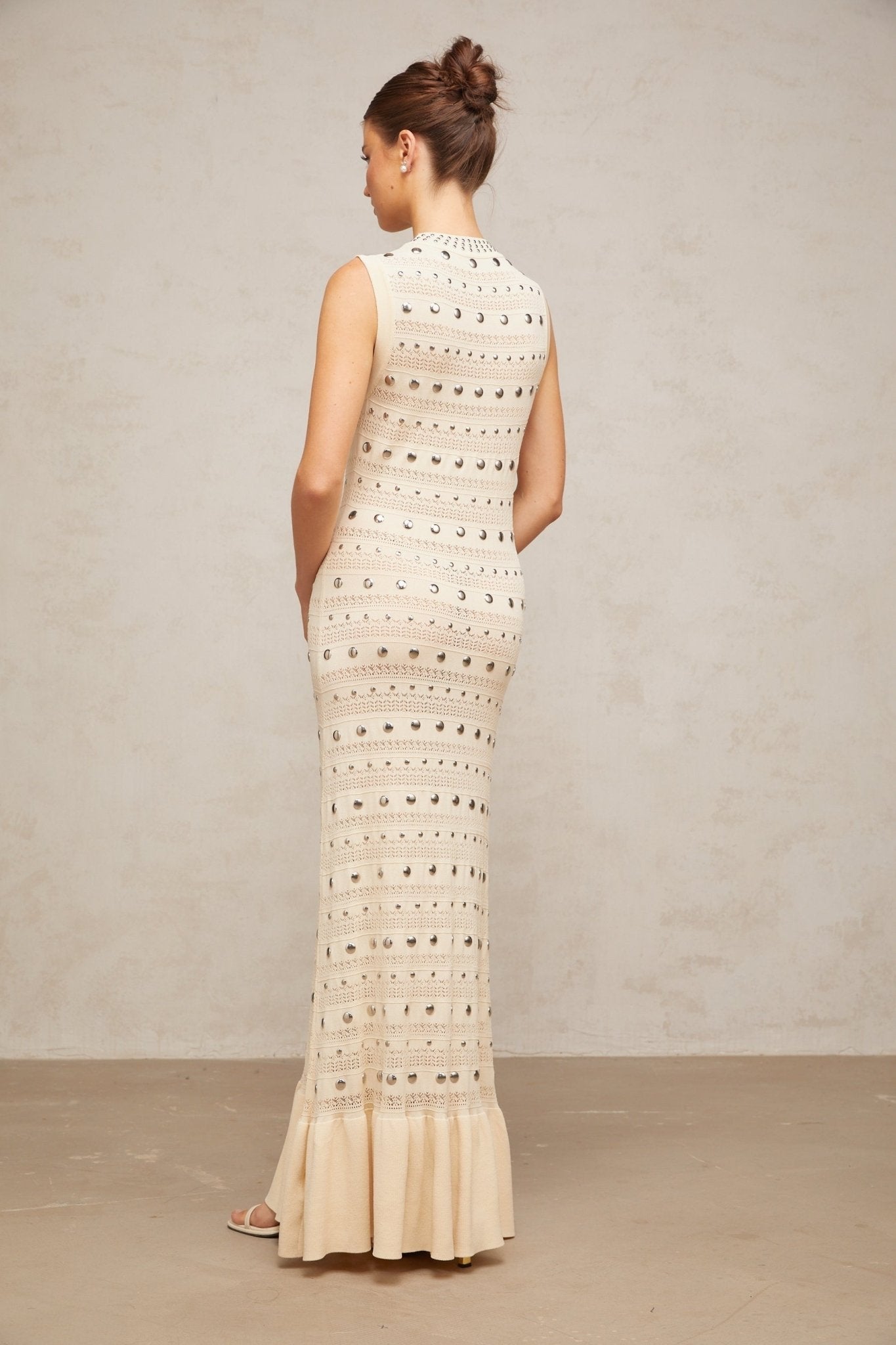 Artemide Maxi Dress – Crochet Knit – Stud Embellishment – Ruffled Hem