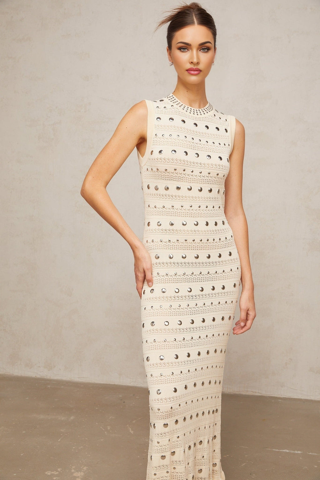 Artemide Maxi Dress – Crochet Knit – Stud Embellishment – Ruffled Hem