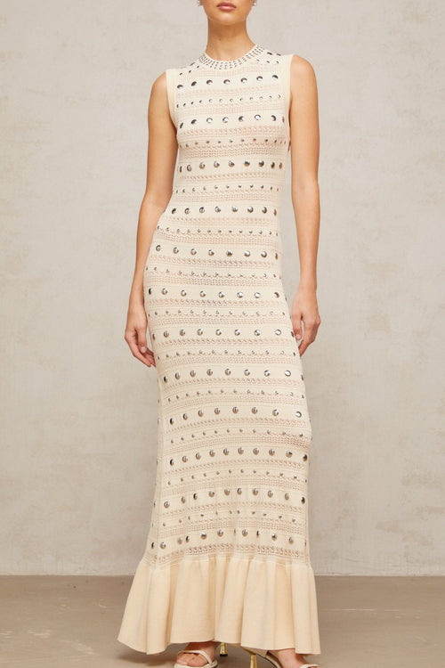 Artemide Maxi Dress – Crochet Knit – Stud Embellishment – Ruffled Hem