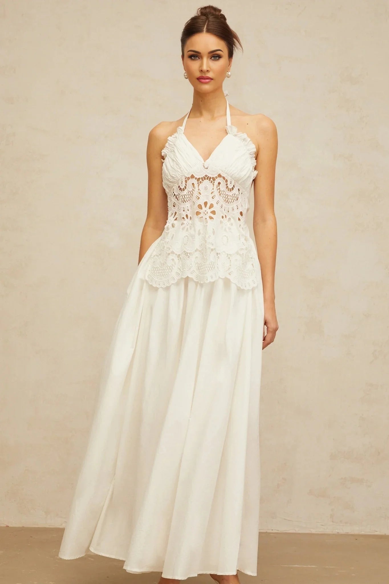 Artemide Maxi Dress White Floral Embroidered Cut - Out & Open Back