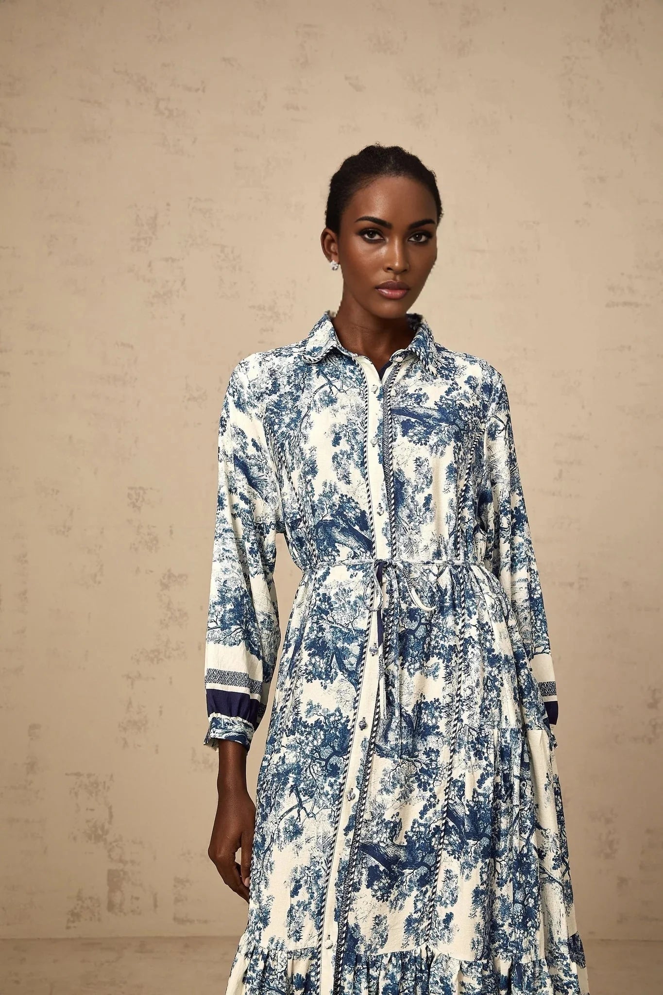Artemide Midi Dress Blue & White Graphic Print Tie - Waist Pleats