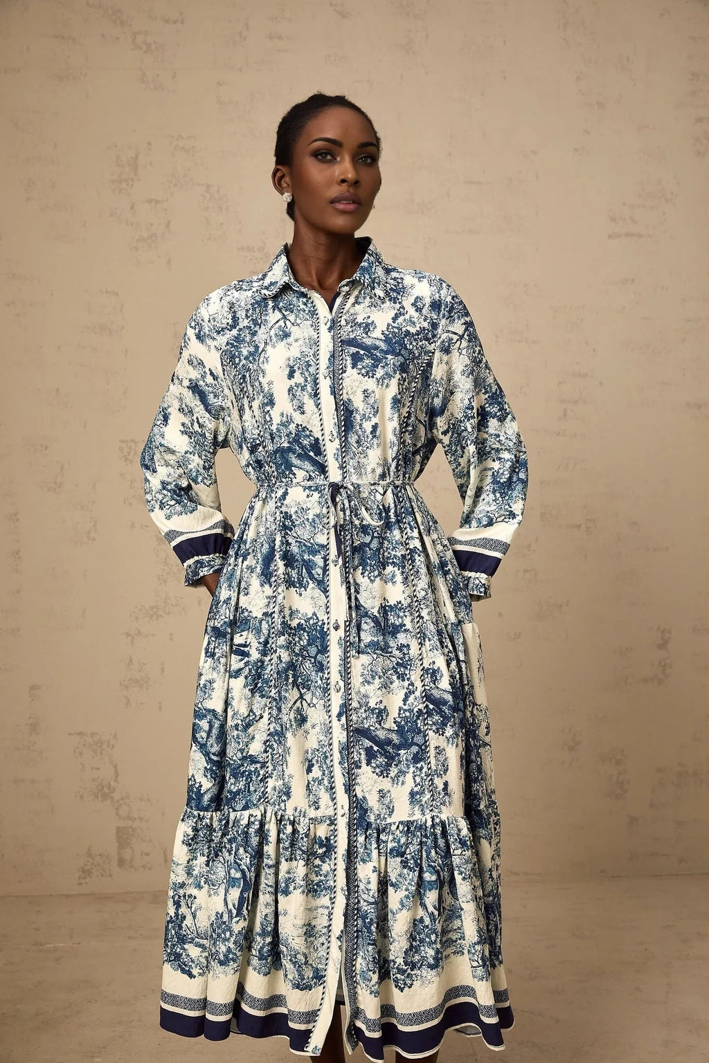Artemide Midi Dress Blue & White Graphic Print Tie - Waist Pleats