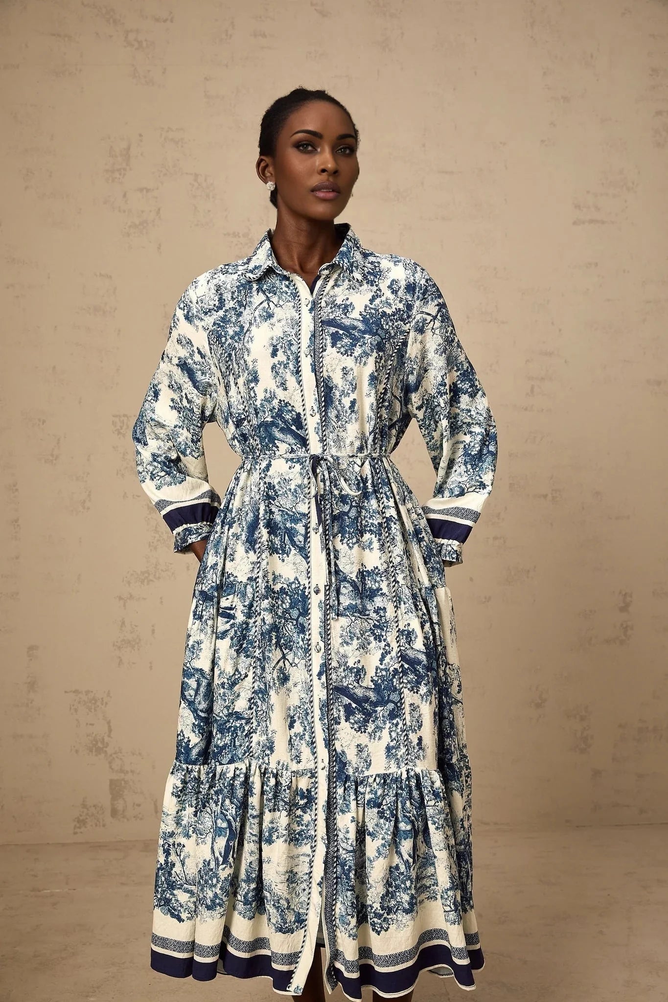 Artemide Midi Dress Blue & White Graphic Print Tie - Waist Pleats