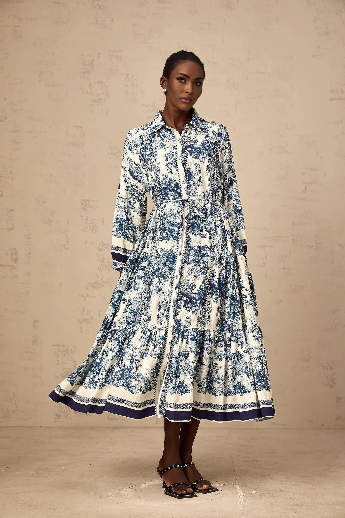 Artemide Midi Dress Blue & White Graphic Print Tie - Waist Pleats